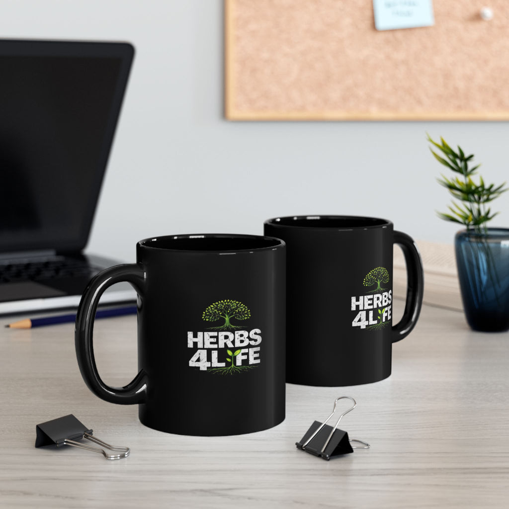 Herbs 4 Life Black Mug — Botanical Tree Logo Coffee Cup (11oz )