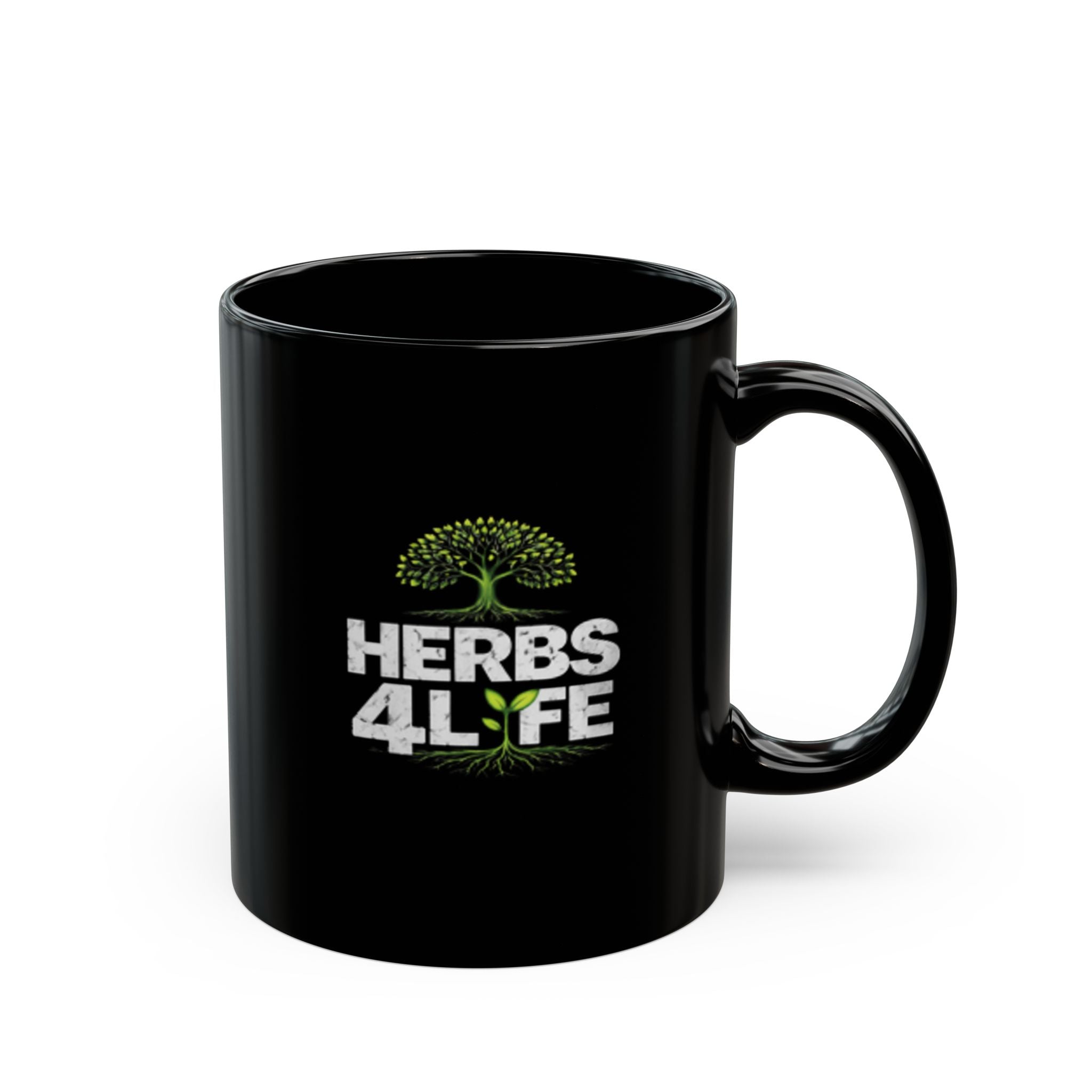 Herbs 4 Life Black Mug — Botanical Tree Logo Coffee Cup (11oz )