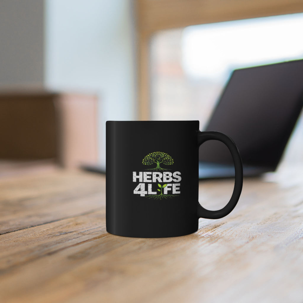 Herbs 4 Life Black Mug — Botanical Tree Logo Coffee Cup (11oz )